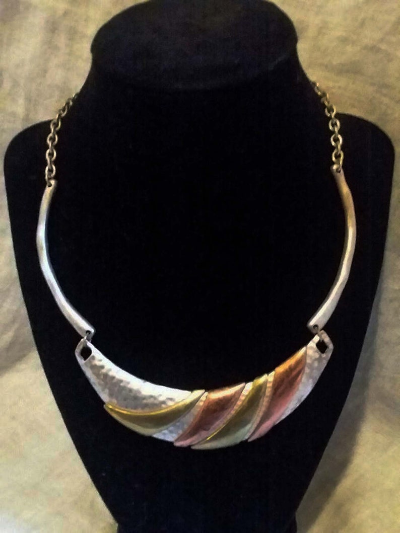 Vintage Necklace Copper Brass On Silver Tone Pounded Metal Half Moon Shape Bib Necklace Crescent Shape