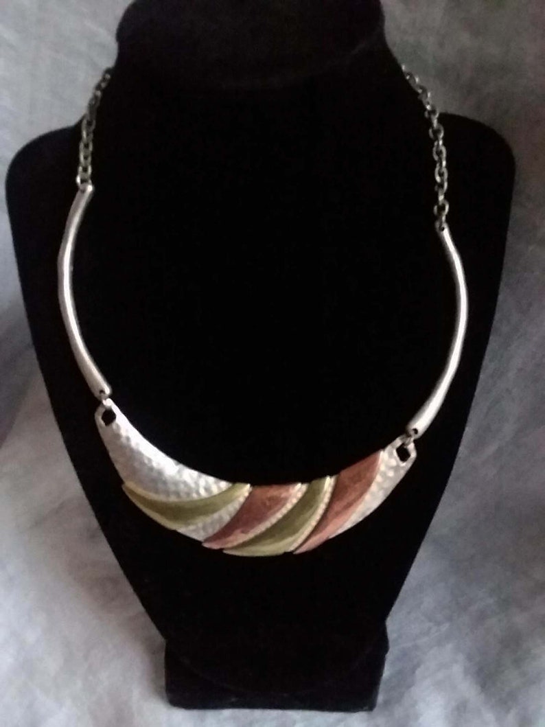 Vintage Necklace Copper Brass On Silver Tone Pounded Metal Half Moon Shape Bib Necklace Crescent Shape