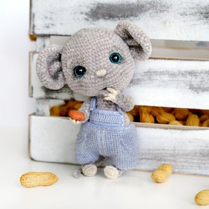 Può includere: Un topo di uncinetto grigio con una salopette blu tiene un arachide nella sua mano. Il topo è in piedi davanti a una cassa di legno piena di arachidi.
