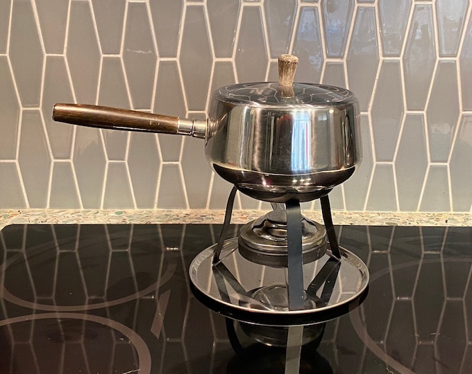 fondue pot set | complete with forks stand burner | silver mid century