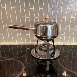 fondue pot set | complete with forks stand burner | silver mid century