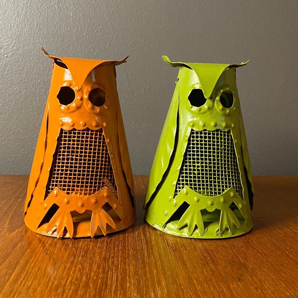 metal owl lantern choose orange or green mid century tea light votive candle holder