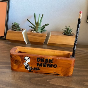 ladies’ wood desk organizer | retro post it note holder | mid century working woman