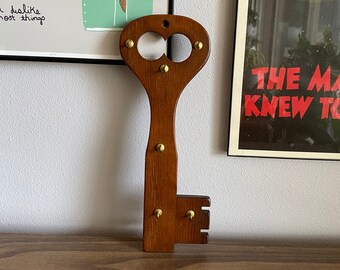 vintage wood key holder shaped like key | mid century 6 hooks