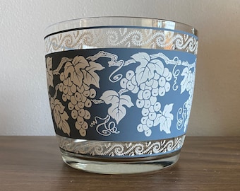 Jeannette Glass ice bucket | Corinthian blue mid century snack serving grape design pattern Mediterranean
