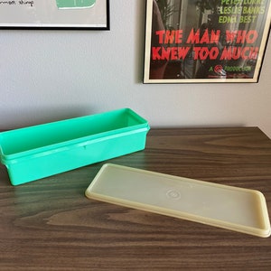 May include: A light green rectangular plastic container with a matching light yellow lid. The container has a smooth surface and the lid has a small circular indentation.