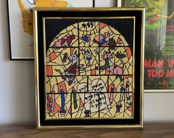 Hebrew needlepoint framed mid century wall hanging