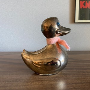 duck piggy bank with key | silver blue eyes pink scarf