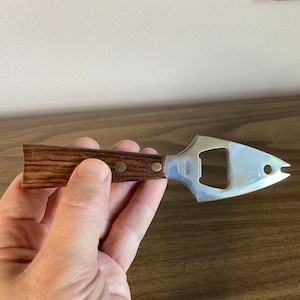cheese knife bottle opener wood handle | mcm vintage fish