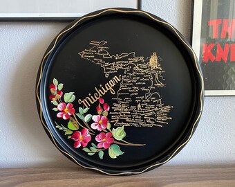 Michigan cocktail tray | state map and flowers | vintage mid century