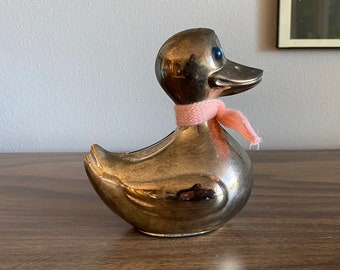 duck piggy bank with key | silver blue eyes pink scarf