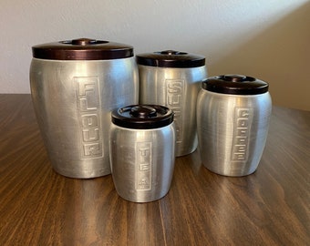 aluminum canister set with lids | silver vintage mid century kitchen storage