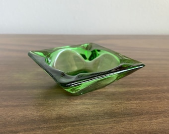 green glass ashtray | small 3.5" square modern | mid century Anchor Hocking