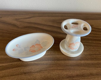 toothbrush holder and soap dish porcelain floral Japan vintage