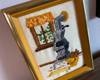 vintage crewel wood stove wall decor | framed cute cozy embroidery | 70s decor
