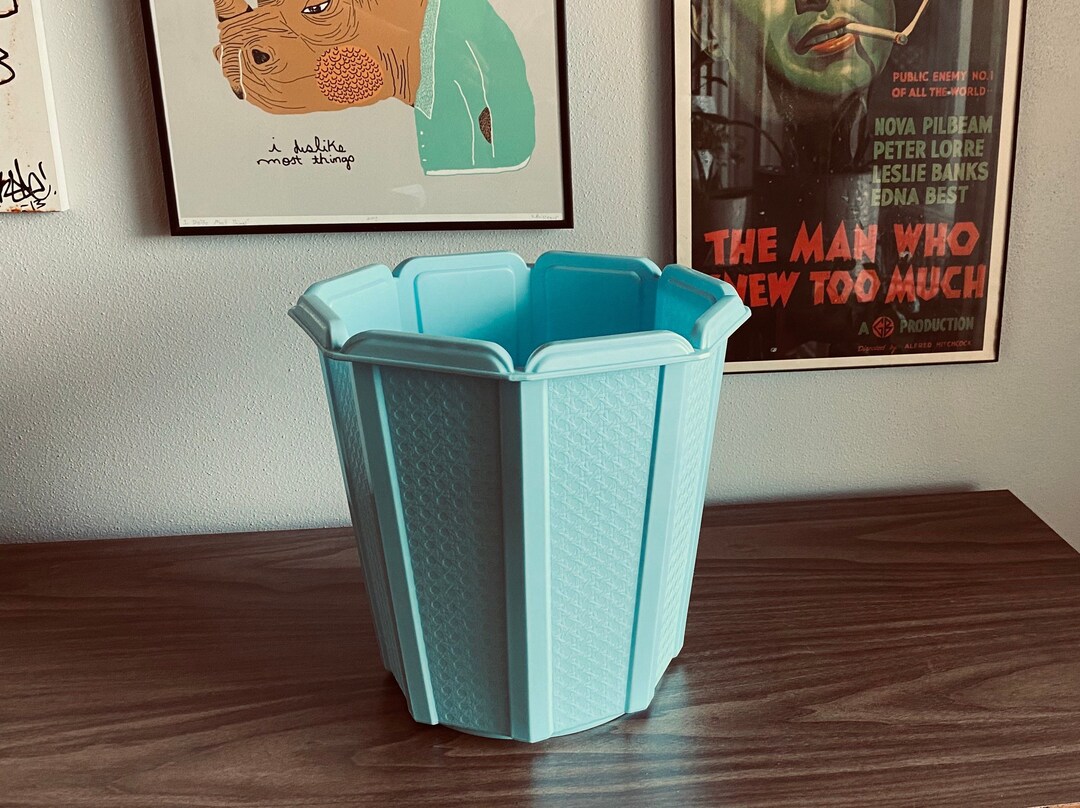 Vintage Plastic Trash Can Light Blue Octagon Etsy