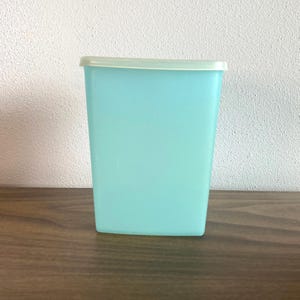 May include: A rectangular, light blue plastic container with a pale green lid. The container is sitting on a dark brown wooden surface against a white wall. The container is empty.