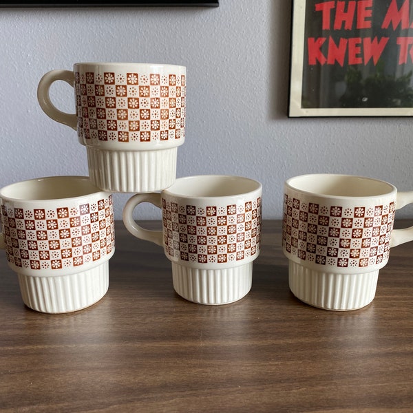 CHOOSE 2 or 4 mcm coffee mugs | white mug checkered floral pattern