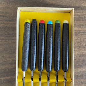fondue fork set with rim rest | 6 color coded stainless steel forks in original box