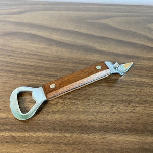 mid century bottle opener wood handle | can opener
