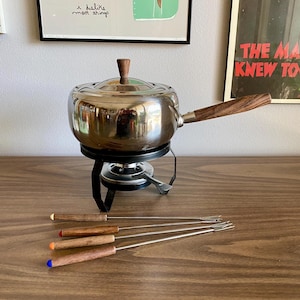 fondue pot set | complete with forks stand burner | silver mid century