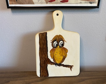 Hand Painted Owl Ceramic Cutting Board: 70s Decorative Cheese Board
