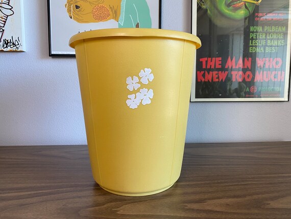 Vintage Rubbermaid Plastic Trash Can Yellow With White Flowers 