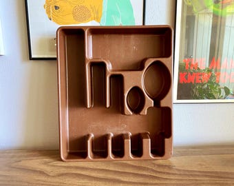 70's Rubbermaid silverware holder | brown kitchen flatware storage