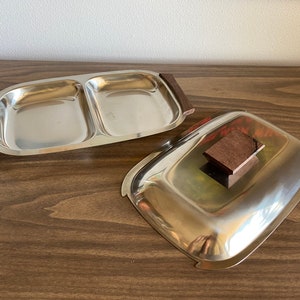 divided covered serving tray stainless steel | lidded Danish Modern
