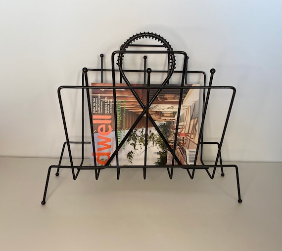 Black Wire Magazine Rack Atomic Mid Century Loop Handle Etsy