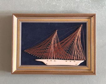 Vintage Copper String Art Ship: 70's Framed Wall Decor
