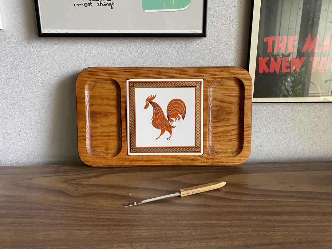 Vintage Cheese Board Featuring Rooster Tile, Attached Knife  Vtg Quality Imports Cheeseboard Cheese Serving Board/Knife Berggren Rooster Tile main image 1