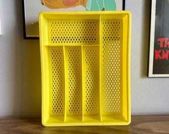 70's silverware holder | yellow mesh kitchen flatware storage