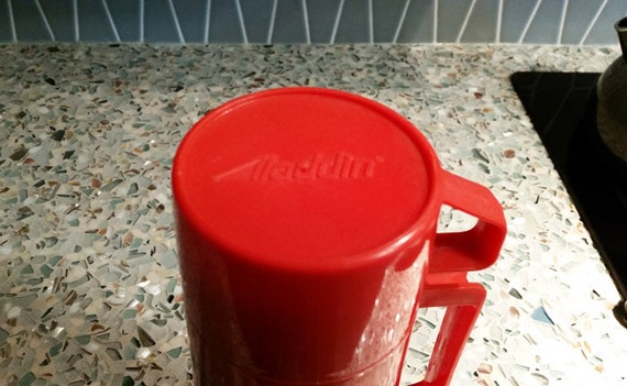 Vintage Aluminum Pint Size Thermos With Red Lid. Old Thermos Mug. 