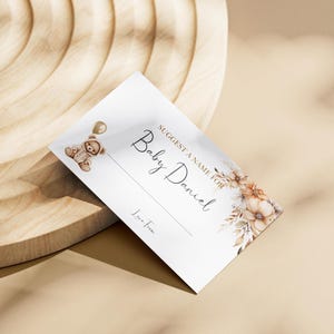 Naamsuggestiekaarten babyshower, babyshowerspel, neutrale teddybeer, bloemenvoorspellingskaarten, gender-onthullingsfeestspel