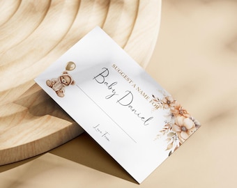 Tarjetas con sugerencias de nombres para baby shower, juego para baby shower, osito de peluche neutro, tarjetas con predicción floral, juego para fiesta de revelación de género