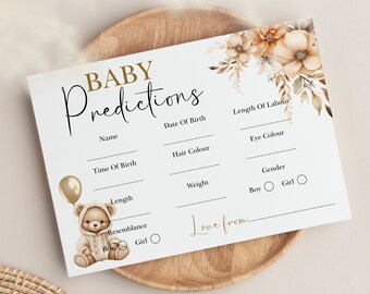 Voorspellingskaarten babyshower, babyshowerspel, neutrale teddybeer, voorspellingskaarten bloemen, gender Reveal-feestspel