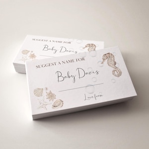 May include: Two white baby shower game cards with the text "Suggest a Name for Baby Davis". The cards feature watercolour illustrations of seashells, seahorses, and bubbles. The words "Love from" are also printed on the cards.