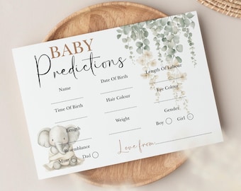 Babyshower-förutsägelsekort, babyshower-spel, neutral elefant, blommiga förutsägelsekort, könsavslöjande festspel