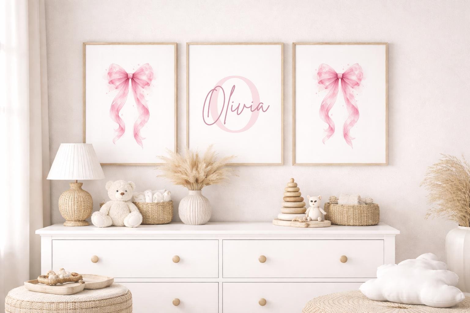 Personalised Baby Girl Nursery Prints Set of 3, Pink Bow Wall Art ...