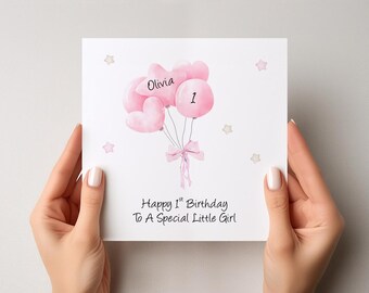 1st Birthday Card For Girl, Daughter, Niece, Granddaughter, First Birthday Card, Balloon Themed Birthday Card, Personalised Card