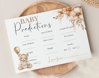 Baby Shower Prediction Cards, Baby Shower Game, Neutral Teddy Bear, Floral Prediction Cards, Gender Reveal Party Game