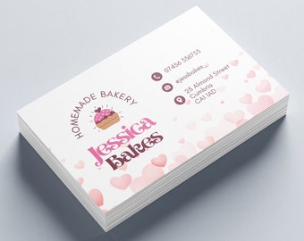 May include: A stack of business cards for a bakery called "Jessica Bakes." The cards are white with pink hearts and a pink cupcake illustration. The text "Homemade Bakery" is in a circle around the cupcake. The phone number, email address, and address are listed on the cards.