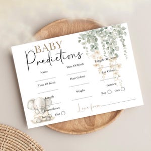 Voorspellingskaarten babyshower, spel babyshower, neutrale olifant, voorspellingskaarten bloemen, feestspel geslacht onthullen