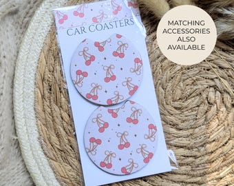 Posavasos para coche con diseño de cerezas y lazos, posavasos de cereza para coche, accesorios para coche, portavasos, posavasos