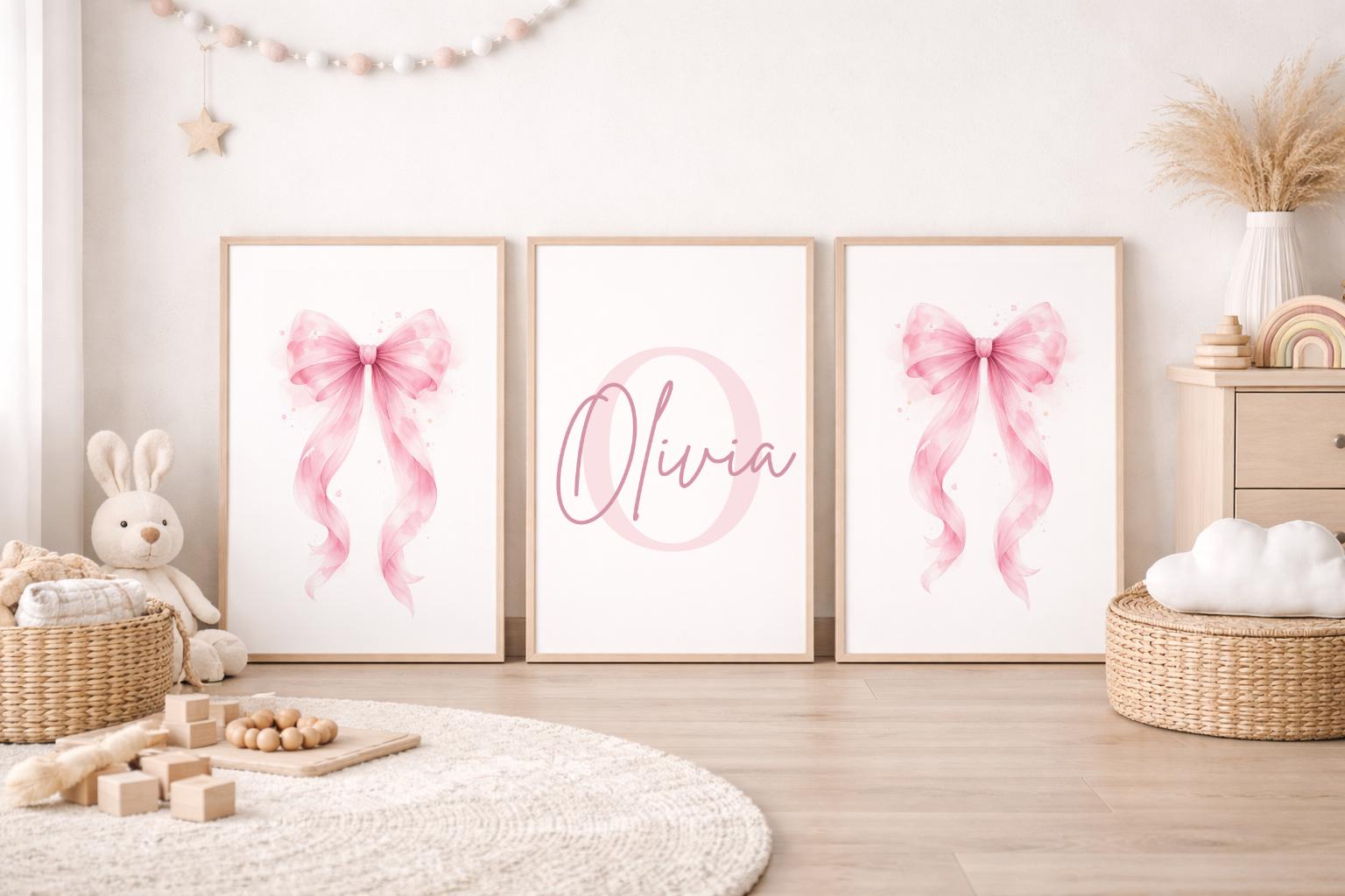 Personalised Baby Girl Nursery Prints Set of 3, Pink Bow Wall Art ...