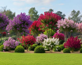 50 blandade crêpe myrtle Lagerstroemia Indica trädbuske crêpe 6 färger blandning - röda, lila, ljusrosa, mörkrosa, vita och lila blomfrön