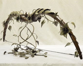 Handcarved Longbow, wrapped in steel vines and flowers sculpture REMAKE. "Nettleborn Bow". Display only.