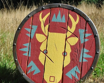 Steel, Wood and Leather Emblazoned Shield replica   Legend of Zelda Breath of the Wild BotW Viking Hylian Metal Wooden Master Red Royal Stag