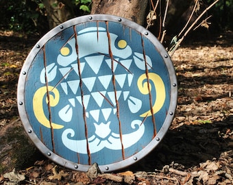 Steel, Wood and Leather Fisherman's Shield replica    Legend of Zelda Breath of the Wild BotW Viking Hylian Metal Wooden Blue Master Fish